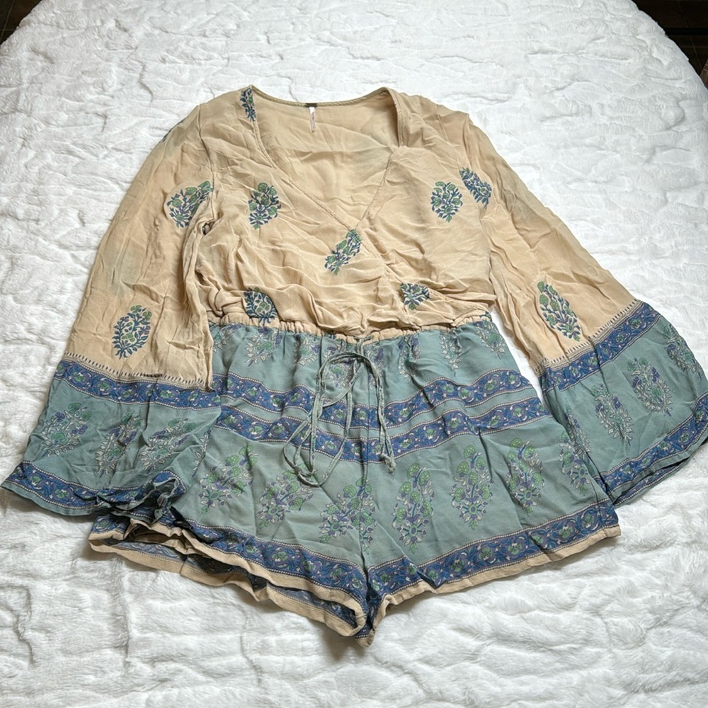 Free People Beige and Sage Floral Romper